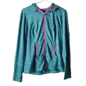 Lukka Teal and Pink Lightweight Stripped Zip up Hooded Athletic Jacket Size L